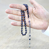 925 Ayar Gümüş Kral Zincir Püsküllü Arpa Kesim Gümüş Firuze İşlemeli Erzurum Oltu Taşı Tesbih