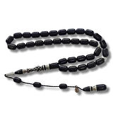 925 Ayar Gümüş Nakkaş İmameli Sistemli Oltu Taşı Tesbih Beyaz Katalin Dolgulu Uçlu Kapsül Kesim