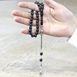 Erzurum Oltu Taşı Tesbih - 925 Ayar Gümüş Kral Püsküllü - Firuze Mercan İşlemeli - Küre Kesim