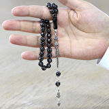 Erzurum Oltu Taşı Tesbih - 925 Ayar Gümüş Kral Püsküllü - Yoğun Gümüş İşlemeli - Küre Kesim