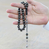 Erzurum Oltu Taşı Tesbih - 925 Ayar Gümüş Kral Püsküllü - Yoğun Gümüş Yıldız İşlemeli - Küre Kesim