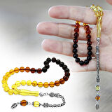 Damla Kehribar Tesbih - 925 Ayar Gümüş Kral - Süzme Sarı Kırmızı Renk - Bilek Boy -  Küre Kesim