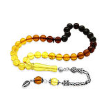 Damla Kehribar Tesbih - 925 Ayar Gümüş Kral - Süzme Sarı Kırmızı Renk - Bilek Boy -  Küre Kesim