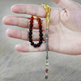 Damla Kehribar Tesbih - 925 Ayar Gümüş Kral - Süzme Sarı Kırmızı Renk - Bilek Boy -  Küre Kesim