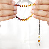 Damla Kehribar Tesbih - 925 Ayar Gümüş Kral - Süzme Sarı Kırmızı Renk - Bilek Boy -  Küre Kesim