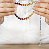 Damla Kehribar Tesbih - 925 Ayar Gümüş Kral Zincirli - Süzme Kırmızı Sarı Renk - Küre Kesim