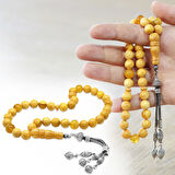 Damla Kehribar Tesbih - 925 Ayar Gümüş Püsküllü - Küre Kesim - King Seccer - Premium Kutulu