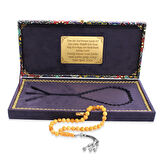 Damla Kehribar Tesbih - 925 Ayar Gümüş Püsküllü - Küre Kesim - King Seccer - Premium Kutulu