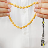 Damla Kehribar Tesbih - 1000 Ayar Gümüş Kazaz Püsküllü - Arpa Kesim - King Seccer - Premium Kutulu