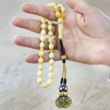 Damla Kehribar Tesbih - 1000 Ayar Gümüş Kazaz Püsküllü - King Seccer - Arpa Kesim - Premium Kutulu