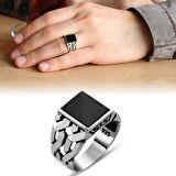 Zincir Tasarım Siyah Oniks Taşlı 925 Ayar Gümüş Erkek Yüzük