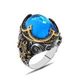 Faset Aqua Zirkon Taşlı Kral Tacı Tasarım 925 Ayar Gümüş Erkek Yüzük