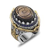 Mavi Sıkma Kehribar Üzerine Hüsn-i Hat "Ayet-el Kürsi" Yazılı 925 Ayar Gümüş Erkek Yüzük