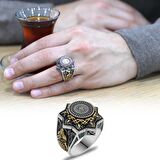 Mavi Kehribar Üzerine Hüsn-i Hat 33 Besmele-i Şerif Yazılı Yıldız Tasarım 925 Ayar Gümüş Erkek Yüzük