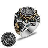 Mavi Kehribar Üzerine Hüsn-i Hat 33 Besmele-i Şerif Yazılı Yıldız Tasarım 925 Ayar Gümüş Erkek Yüzük