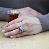 Mavi Sıkma Kehribar Üzerine "Mühr-i Süleyman" İşlemeli Yıldız Tasarım 925 Ayar Gümüş Erkek Yüzük