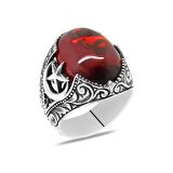 Kırmızı Akik Taşlı Ayyıldız Detaylı 925 Ayar Gümüş Erkek Yüzük