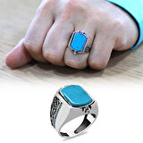 Firuze Taşlı Mikro Firuze Taş Mıhlamalı Çift Taraflı Kişiye Özel İsim Harf Yazılı 925 Ayar Gümüş Erkek Yüzük