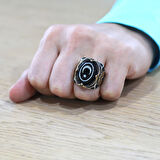 Erzurum Oltu Taşı Üzerine Ayyıldız İşlemeli Kenarları Mikro Zirkon Taş Mıhlamalı Oval Tasarım Koleksiyonluk 925 Ayar Gümüş Erkek Yüzük