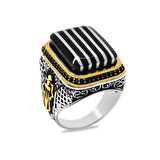 Dikdörtgen Tasarım Kenarları Mikro Zirkon Taş Mıhlamalı Koleksiyonluk 925 Ayar Gümüş Erzurum Oltu Taşı Erkek Yüzük