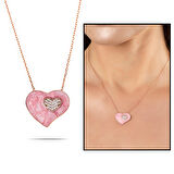 Zirkon Taşlı Çift Kalp Tasarım Pembe 925 Ayar Gümüş Kadın Kolye