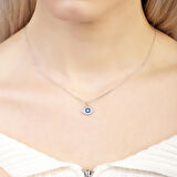 Lacivert-Beyaz Zirkon Taşlı Göz Tasarım Silver Renk 925 Ayar Gümüş Kadın Kolye