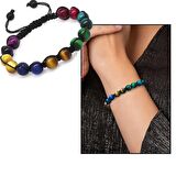 Makrome Örgülü Küre Kesim Çoklu Kaplangözü Doğaltaş Kombinli Kadın Enerji Bilekliği