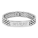 Kişiye Özel İsim Yazılı Gümüş Renk Kalın Çelik Erkek Bileklik