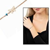 Beyaz Zirkon Taşlı Rose Renk Kelebek Tasarım Nazar Boncuğu Detaylı 925 Ayar Gümüş Kadın Bileklik