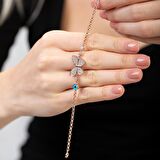 Beyaz Zirkon Taşlı Rose Renk Kelebek Tasarım Nazar Boncuğu Detaylı 925 Ayar Gümüş Kadın Bileklik