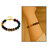 Gold Renk Metal Zincir Küre Kesim Çoklu Kaplan Gözü Doğaltaş Kombinli Kadın Enerji Bilekliği