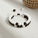 Çift Sıra Makrome Örgülü Küre Kesim Siyah Beyaz Jade Oniks Doğaltaş Erkek Taraftar Bileklik