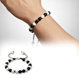 Makrome Örgülü Küre Kesim Siyah Beyaz Jade Oniks Hematit Doğaltaş Erkek Taraftar Bileklik