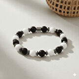 Küre Kesim Siyah Beyaz Jade Oniks Hematit Doğaltaş Erkek Taraftar Bileklik M2