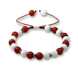 Makrome Örgülü Küre Kesim Kırmızı Beyaz Jade Akik Hematit Doğaltaş Erkek Taraftar Bileklik