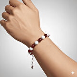 Gümüş Renk Metal Zincir Küre Kesim Kırmızı Beyaz Jade Akik Hematit Doğaltaş Erkek Taraftar Bileklik