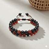 Çift Sıra Makrome Örgülü Küre Kesim Kırmızı Siyah Akik Oniks Doğaltaş Erkek Taraftar Bileklik