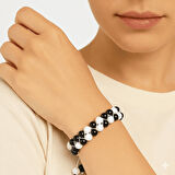 Çift Sıra Makrome Örgülü Küre Kesim Siyah Beyaz Jade Oniks Doğaltaş Kadın Taraftar Bileklik