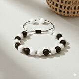 Makrome Örgülü Küre Kesim Siyah Beyaz Jade Oniks Hematit Doğaltaş Kadın Taraftar Bileklik