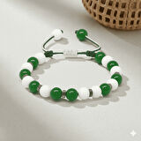Makrome Örgülü Küre Kesim Yeşil Beyaz Jade Hematit Doğaltaş Kadın Taraftar Bileklik