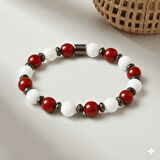 Küre Kesim Kırmızı Beyaz Jade Akik Hematit Doğaltaş Kadın Taraftar Bileklik M2