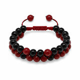 Çift Sıra Makrome Örgülü Küre Kesim Kırmızı Siyah Akik Oniks Doğaltaş Kadın Taraftar Bileklik
