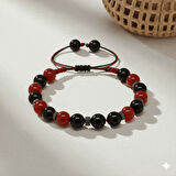 Makrome Örgülü Küre Kesim Kırmızı Siyah Akik Oniks Hematit Doğaltaş Kadın Taraftar Bileklik