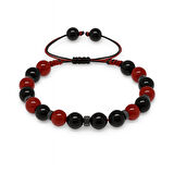 Makrome Örgülü Küre Kesim Kırmızı Siyah Akik Oniks Hematit Doğaltaş Kadın Taraftar Bileklik