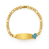 Çocuk Çelik Bileklik - İsme Özel Yazılı - Altın Renk - Turkuaz Kalp Detaylı - Figaro Zincirli