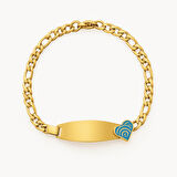 Çocuk Çelik Bileklik - İsme Özel Yazılı - Altın Renk - Turkuaz Kalp Detaylı - Figaro Zincirli