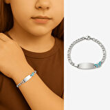 Çocuk Çelik Bileklik - İsme Özel Yazılı - Gümüş Renk - Turkuaz Kelebek Figürlü - Figaro Zincirli