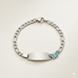 Çocuk Çelik Bileklik - İsme Özel Yazılı - Gümüş Renk - Turkuaz Kelebek Figürlü - Figaro Zincirli