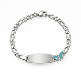 Çocuk Çelik Bileklik - İsme Özel Yazılı - Gümüş Renk - Turkuaz Kelebek Figürlü - Figaro Zincirli