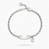 Çocuk Çelik Bileklik - İsme Özel Yazılı - Gümüş Renk - Yonca Yaprağı Detaylı - Espanzer Zincirli